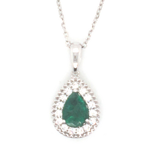 14W P/S Emerald with Double Diamond Halo Pendant  E=.66ct D=.17ctw