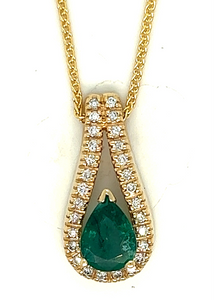 14Y Pear Shaped Emerald and Round Diamond Pendant with Round Wheat Chain 16"6"