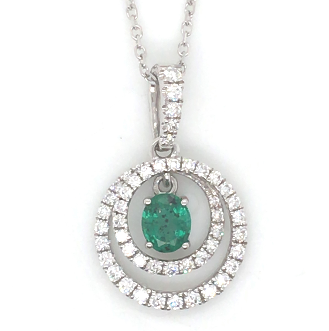 14W Oval Emerald Dangle in Double Diamond Circle Pendant
