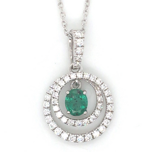 14W Oval Emerald Dangle in Double Diamond Circle Pendant