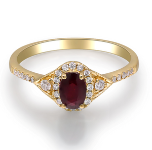 14Y Oval Ruby Diamond Halo Triangle Sides Petite Ring  R=.51ct 28D=.17ctw