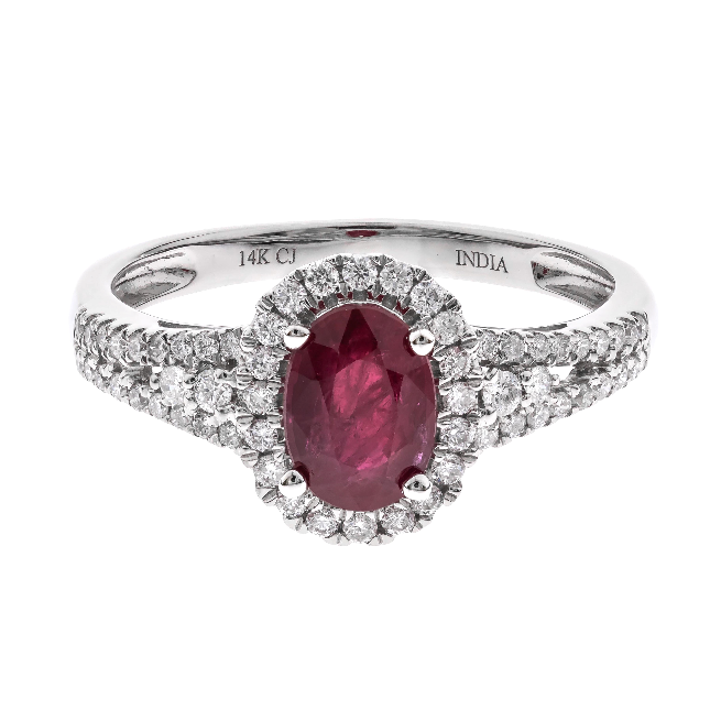 14W Oval Ruby and Diamond Halo Ring with Double Shoulder Shank  R=.89ct 60D=.34ctw