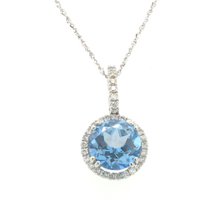 14W Rd Blue Topaz & Dia Halo Pend 3.95cts tw