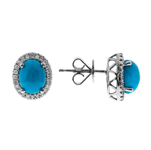 14W Oval Turquoise and Rd Diamond Halo Stud Earrings 2T=2.63ctw 48D=.25ctw