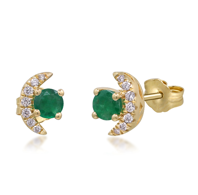 14W Crescent Moon Diamond and Rd Emerald Stud Earrings