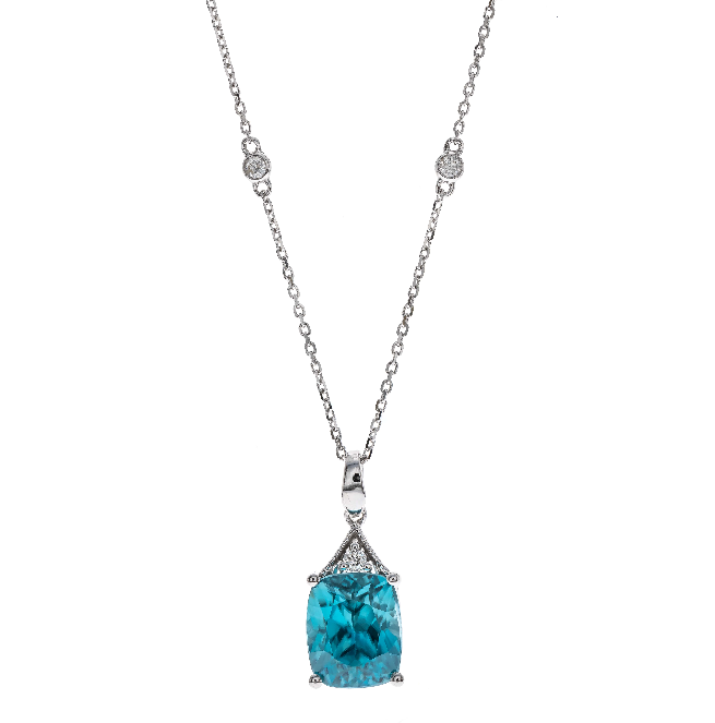 14W Rect Cushion Cut Blue Zircon and Rd Diamond Pendant w/ Cable Chain  BZ=3.97ct D=.04ct