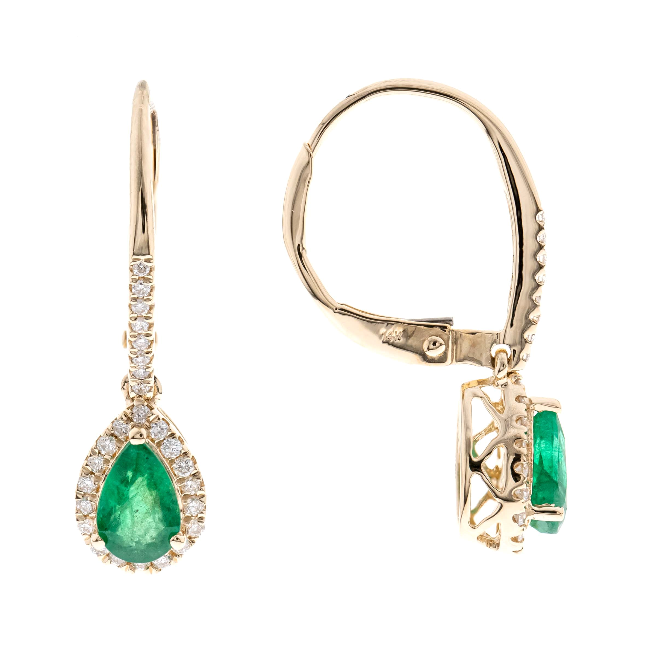 14Y P/S Emerald and Rd Diamond Halo Dangle Leverback Earrings   2E=.71cts 58D=.27ctw