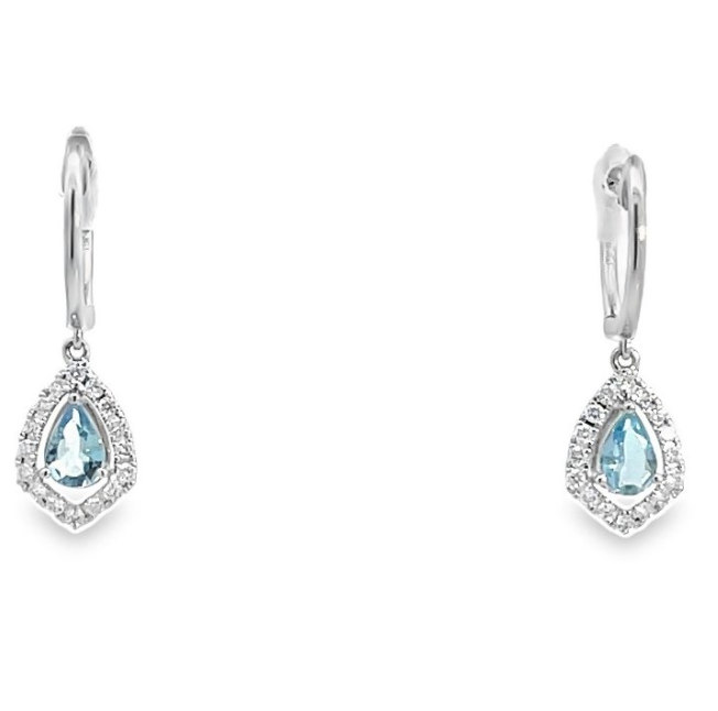 18W Aqua and Diamond Halo Drop Earrings
