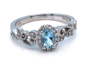 14W 0.43ct Oval Aquamarine w/ Dia Halo Filigree Mtg Sz 7