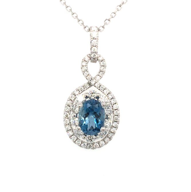 14W Oval Aqua and Double Diamond Halo Pendant  A=.81ct D=.51ctw