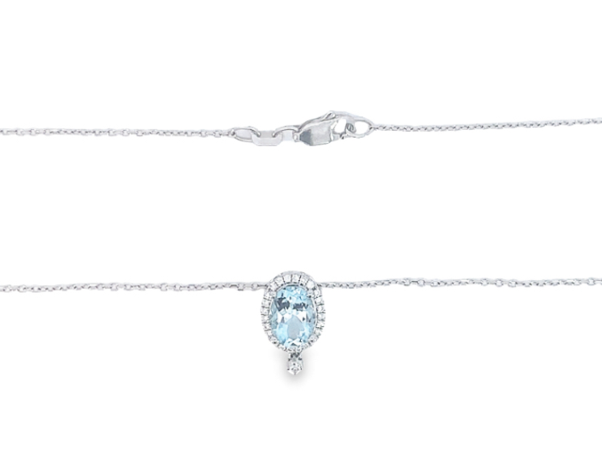 14W Oval Aquamarine Diamond Halo w/Bezel Diamond Pendant