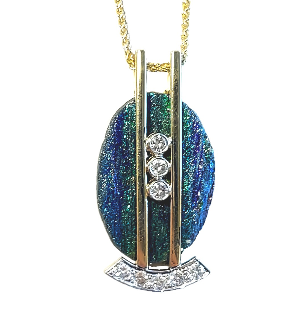 14Y Rainbow Hematite and Bezel Set Diamond Bar Pendant with Wheat Chain