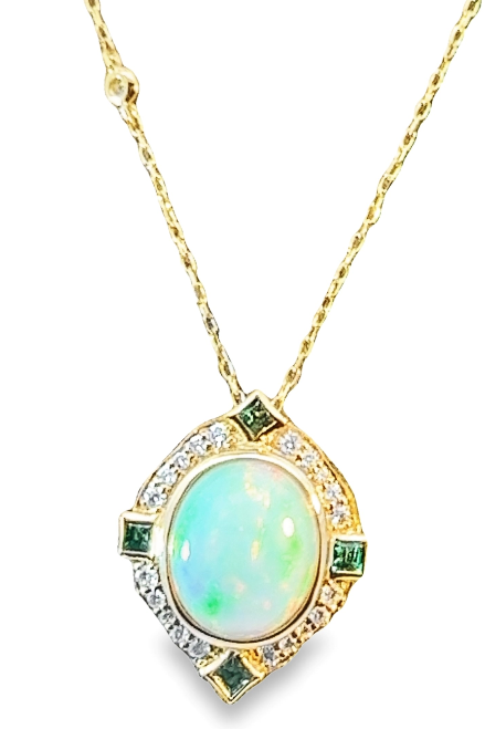 14Y Ethiopian Opal with Diamond and Emerald Halo Pendant