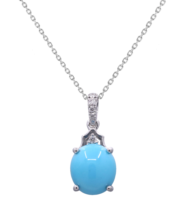 14W Oval Turquoise Pendant with Diamond Bail and Diamond Accent Chain