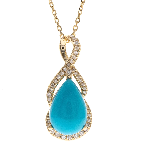 14Y Pear Shaped Turquoise Pendant with Swirl Diamond Accent and Diamond Bezel Chain