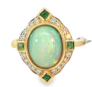 14Y Ethiopian Opal and Diamond Emerald Halo Ring Size 7
