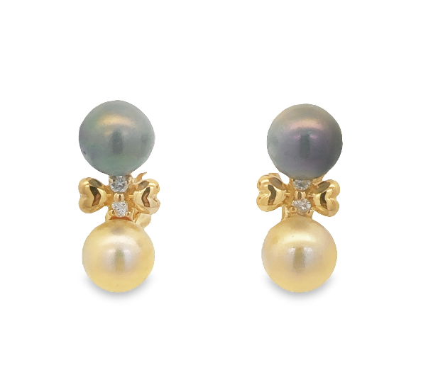 18Y TT Akoya (dyed) Pearl Earrings with Bow Diamond Accent on Leverback