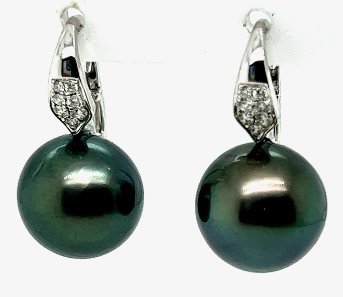 18W 11m Tahitian Pearl & Diamond Leverback Earrings