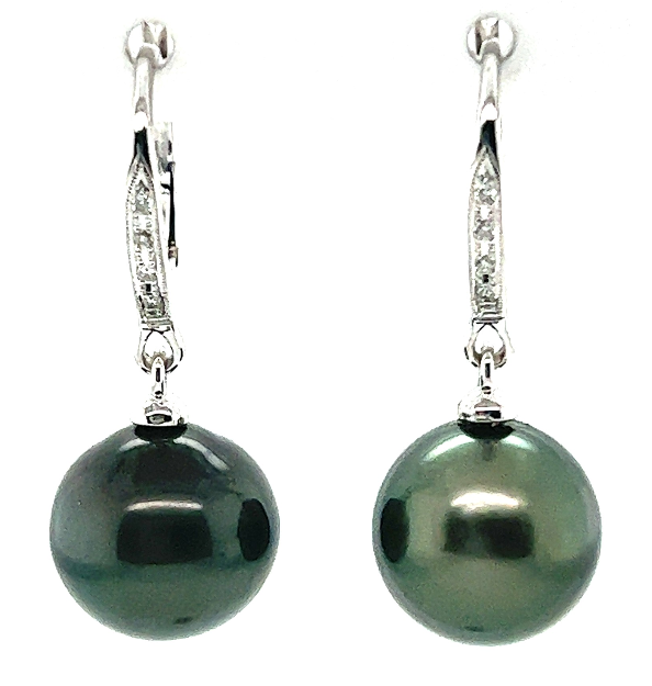 18W Diamond Hoop with 12mm Tahitian Pearl Drop Earrings
