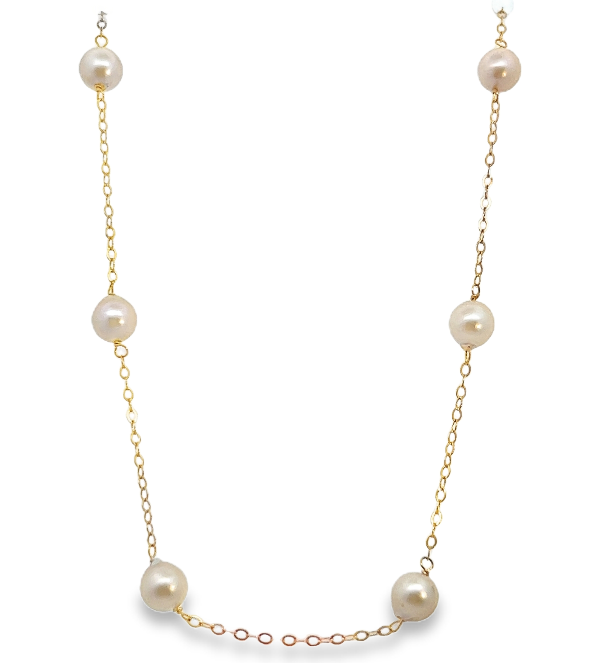 14Y 1.1mm Open Link Chain with 10 6mm Station Pearls Necklace