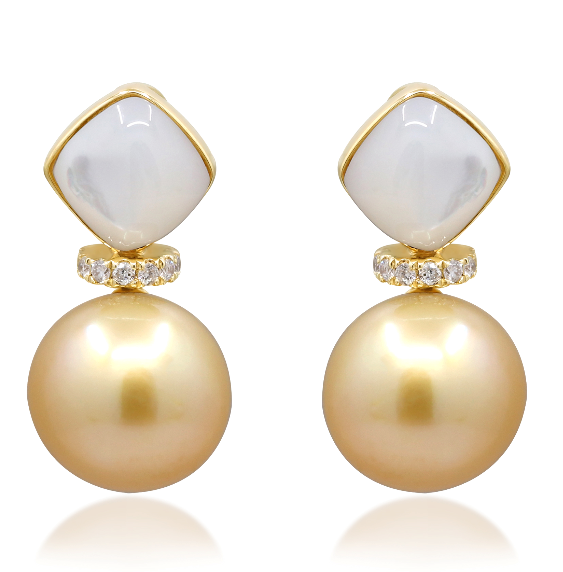 14Y 10mm Golden SS Pearls with Mother of Pearl Cab and Diamond Accent Earrings