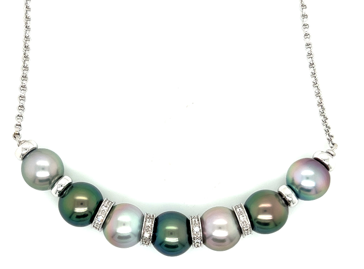 18W 7-Black/Grey South Seas Pearl and Pave Rondel Diamond Necklace