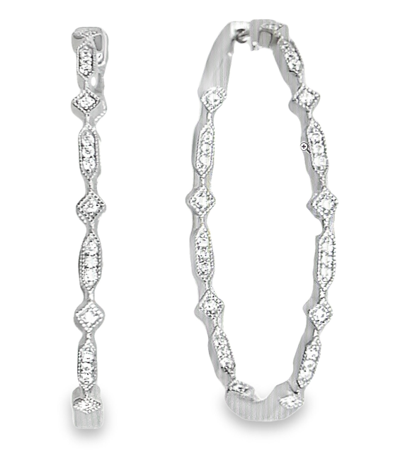 Sterling Silver Rhodium Plated In/Out CZ Diamond and Elongated Hexagon Hoop Earrings