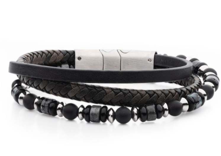 8-8.5'' Multi-Strand Bracelet, Blk & Gry Leather and Gemstone Beads   w/ Blk Onyx & White Howlite Stone