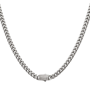 St.St. 22" 6mm LG Diamond Cuban Necklace Double Tab Box Clasp  (35) 1mm LG RBCs = 0.16ctw