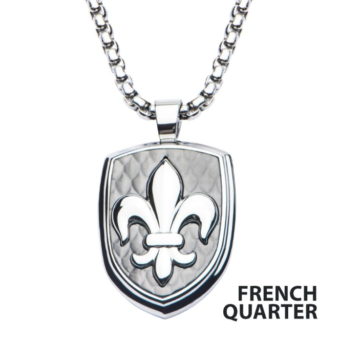 Polished Steel Finish Fleur de Lis Accent Mounted on a Brushed Gun Metal IP Pendant with Steel Box Chain