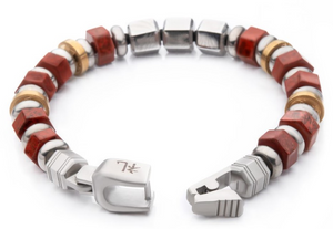 Stainless Steel Mokume Gane & Red Jasper Bead Bracelet 8.25''  REI: Respect