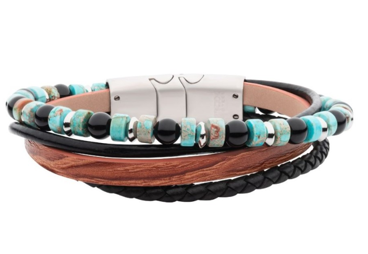 8-8.5" Multi-Strand Bracelet, Brwn/Blk Leather and Gemstone Beads  Onyx/Grn Jasper