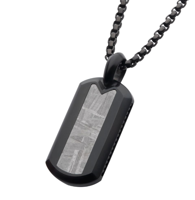 Black Stainless Steel/Meteorite Dog Tag Pendant on 24" Box Chain Lobster Clasp Pendant: 19mm (W) x 35.03mm (H) x 5.72mm (THK)