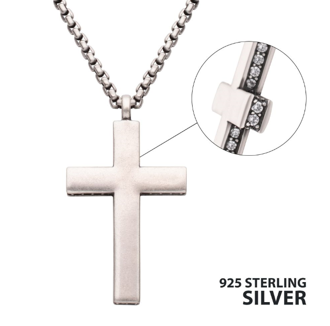 SS 22" Cross Pendant with CZs Set on Sides & Antiqued Box Chain
