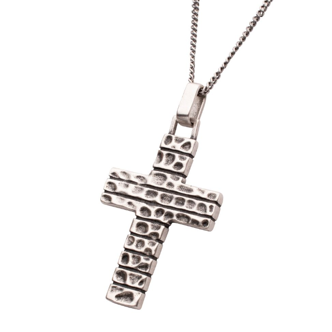 SS 22" Box Chain with Hammered Cross Pendant