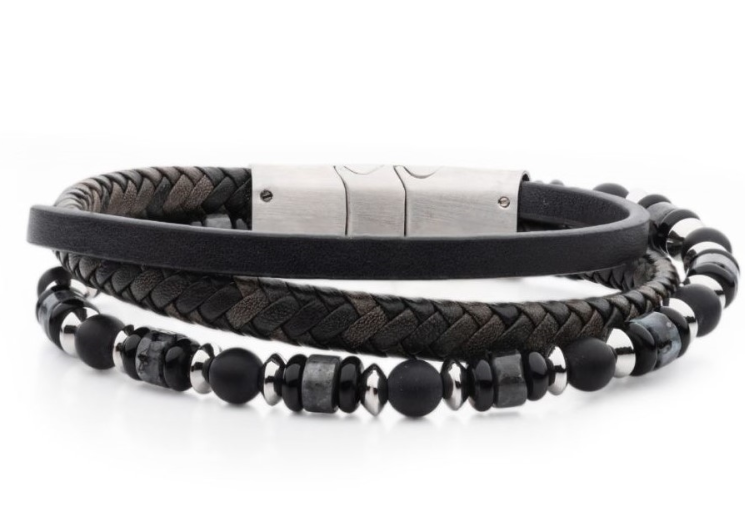 8-8.5'' Multi-Strand Bracelet, Blk & Gry Leather and Gemstone Beads   w/ Blk Onyx & White Howlite Stone