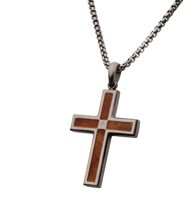 St. St. Matte Finish Whiskey Barrel Wood Inlay with CZ Cross Pendant  24" Box Chain