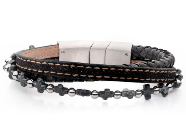 8-8.5'' Multi-Strand Bracelet Denim, Blk & BrwnLeather w/ Hematite Bead