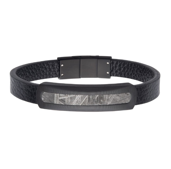 Blk St.St. Carbon Fiber/Meteorite/ Leather 8" 6.5mm Bracelet