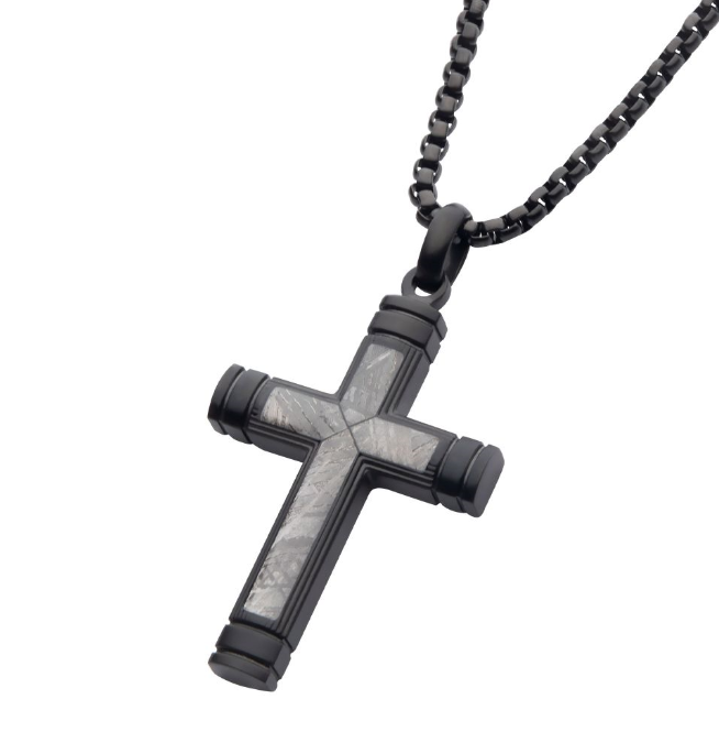 Black Stainless Steel/Meteorite Cross Pendant on 24" Box Chain Lobster Clasp Pendant: 29.88mm (W) x 46.85mm (H) x 4.88mm (THK)