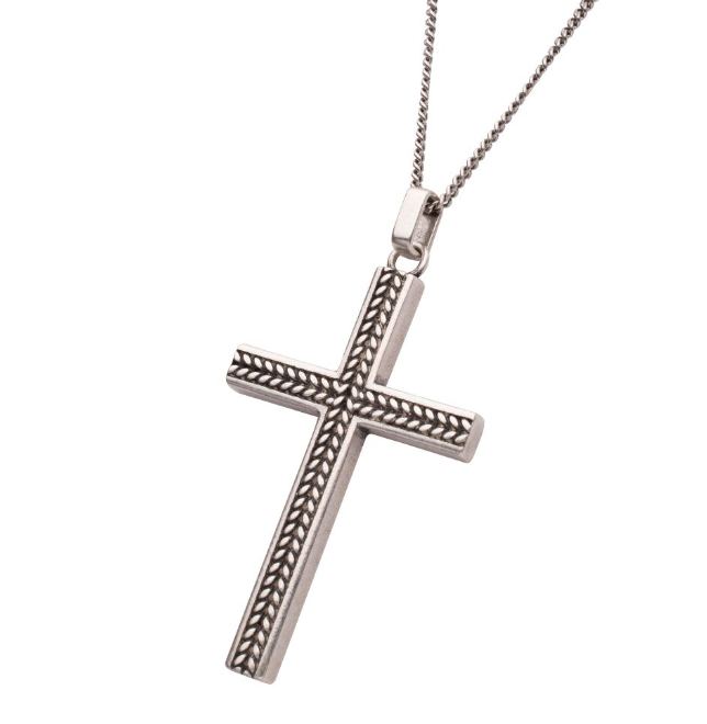 SS 22" Box Chain with Cross Pendant (Antiqued Chevron Design)