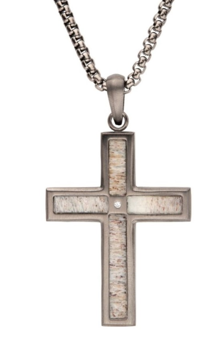 St. St. Matte Finish Deer Antler Inlay with CZ Cross Pendant  with 24" Box Chain