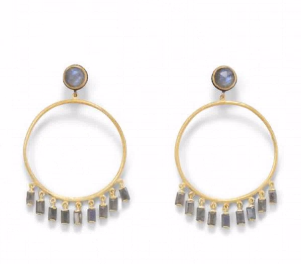 14Y Sterling Silver Front Facing Hoops with Laboradite Drop Earrings