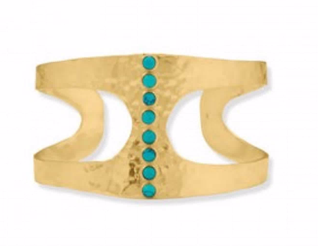 14K Gold Plated Sterling Silver Wide Hammered Turquoise Cuff