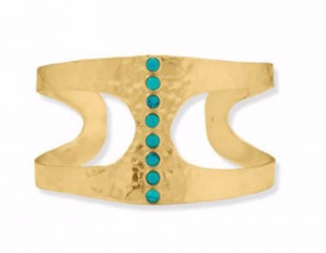 14K Gold Plated Sterling Silver Wide Hammered Turquoise Cuff