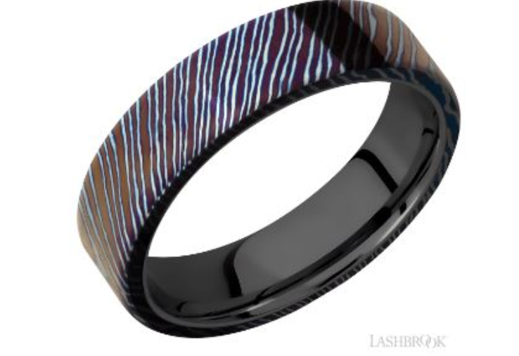 Titanium Damascus Flat 6mm Band with Zirconium Sleeve