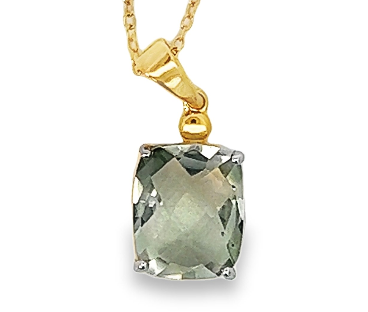 SS/14KY Vermiel Green Amethyst Checkered Cushion Pendant and Chain