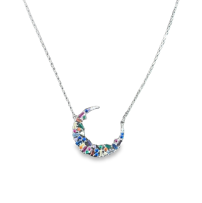 Sterling Silver Rainbow Baguette Crescent Moon Necklace