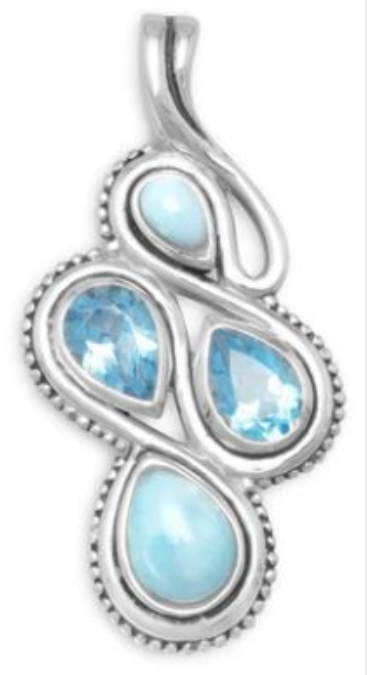 Oxidized SS Pear Larimar & Blue Topaz Pendant w/ Bead Edge