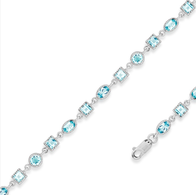 Sterling Silver Blue Topaz Bracelet with Alternating Round, Oval, and Square Stones Bezel-Set with Lobster Clasp